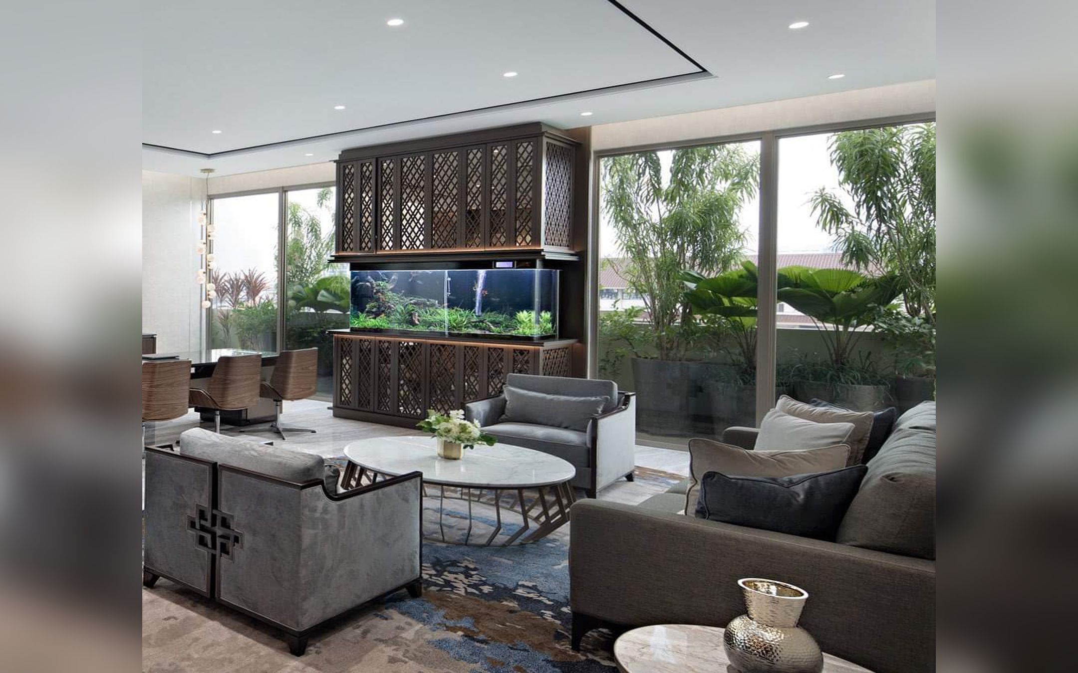 Design Interior Modern Livingroom mewah luxury residence di BSD City Serpong - Tangerang - Banten sofa custom meja bundar solid surface cabinet hpl wood